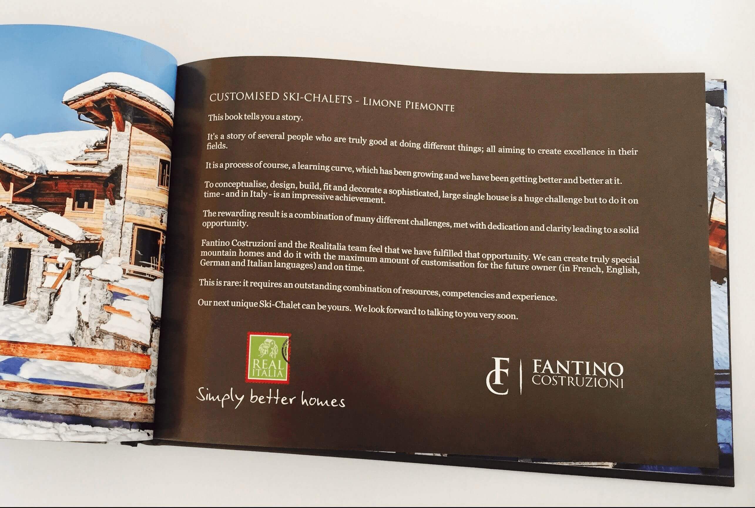 This book tells you a story – Realitalia latest hard cover brochure, customised Ski-Chalets Limone